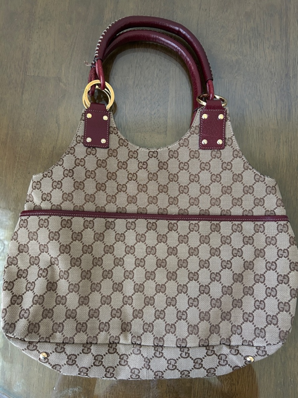 Gucci Beige GG Canvas Shoulder Bag with Burgundy Trim